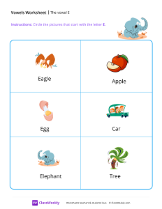 The vowel E - Elephant | Reading & Writing Worksheet