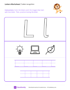 Letter Recognition (L) - Lion | Reading & Writing Worksheet