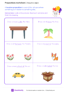 Location Prepositions (Draw the object) - Balloons | Grammar Worksheet