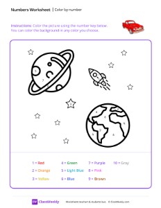 Color by Number (Planet) - Red Car | Math Worksheet