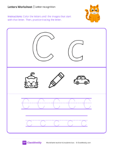 Letter Recognition (C) - Cat | Reading & Writing Worksheet