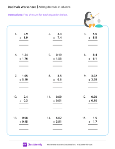 Adding decimals in columns - Fishing | Math Worksheet