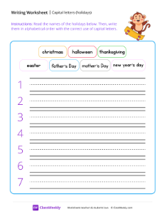 Capital letters (holidays) - Monkey | Reading & Writing Worksheet