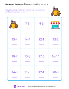 Subtract within 20 (no borrowing) - Honey | Math Worksheet