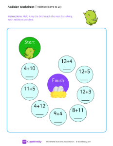 Addition maze (sums to 20) - Green Bird | Math Worksheet