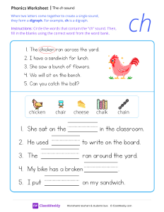 Digraph sounds - The 'ch' sound | Reading & Writing Worksheet