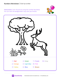 Color by Number (Deer) - Watering Plants | Math Worksheet