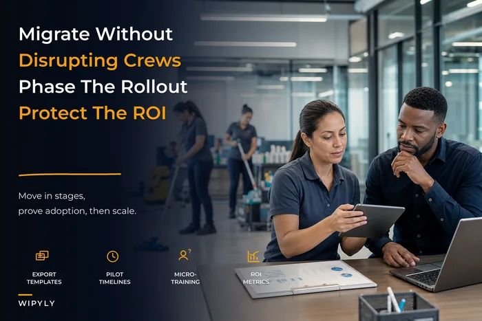 Cleaning software migration and crew-adoption playbook: phased pilots, micro-training and governance to lock in ROI