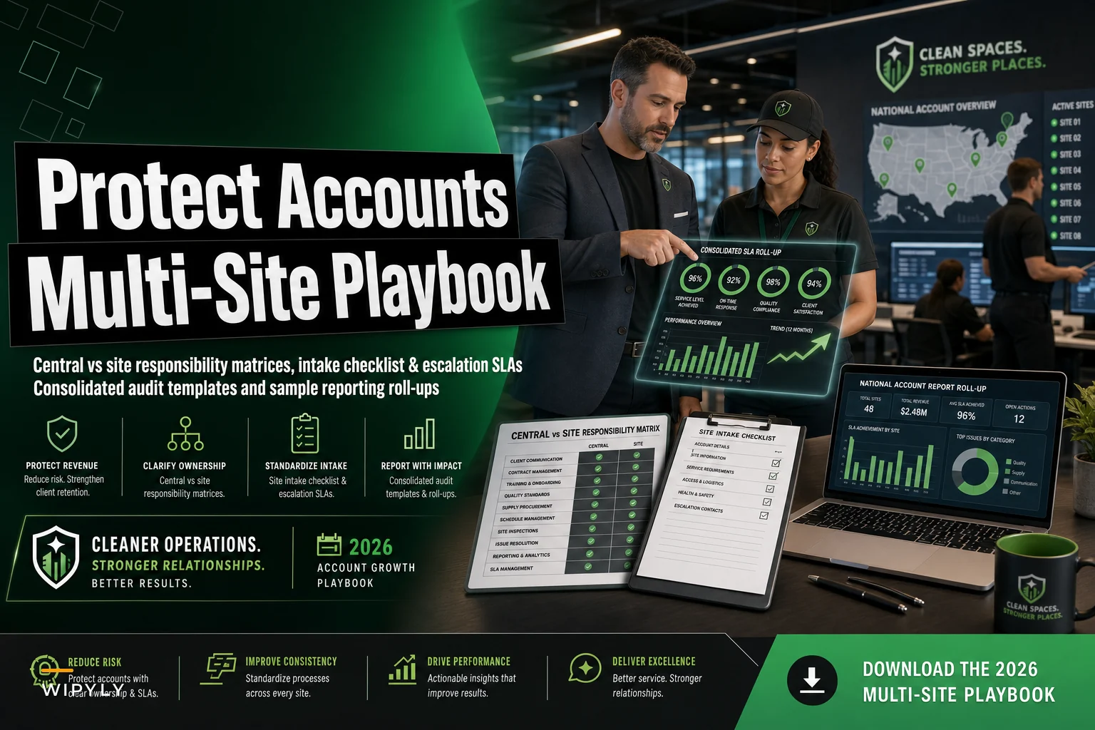 Don't lose national accounts: a multi-site account playbook with central-vs-site responsibility matrices and consolidated SLA roll-ups