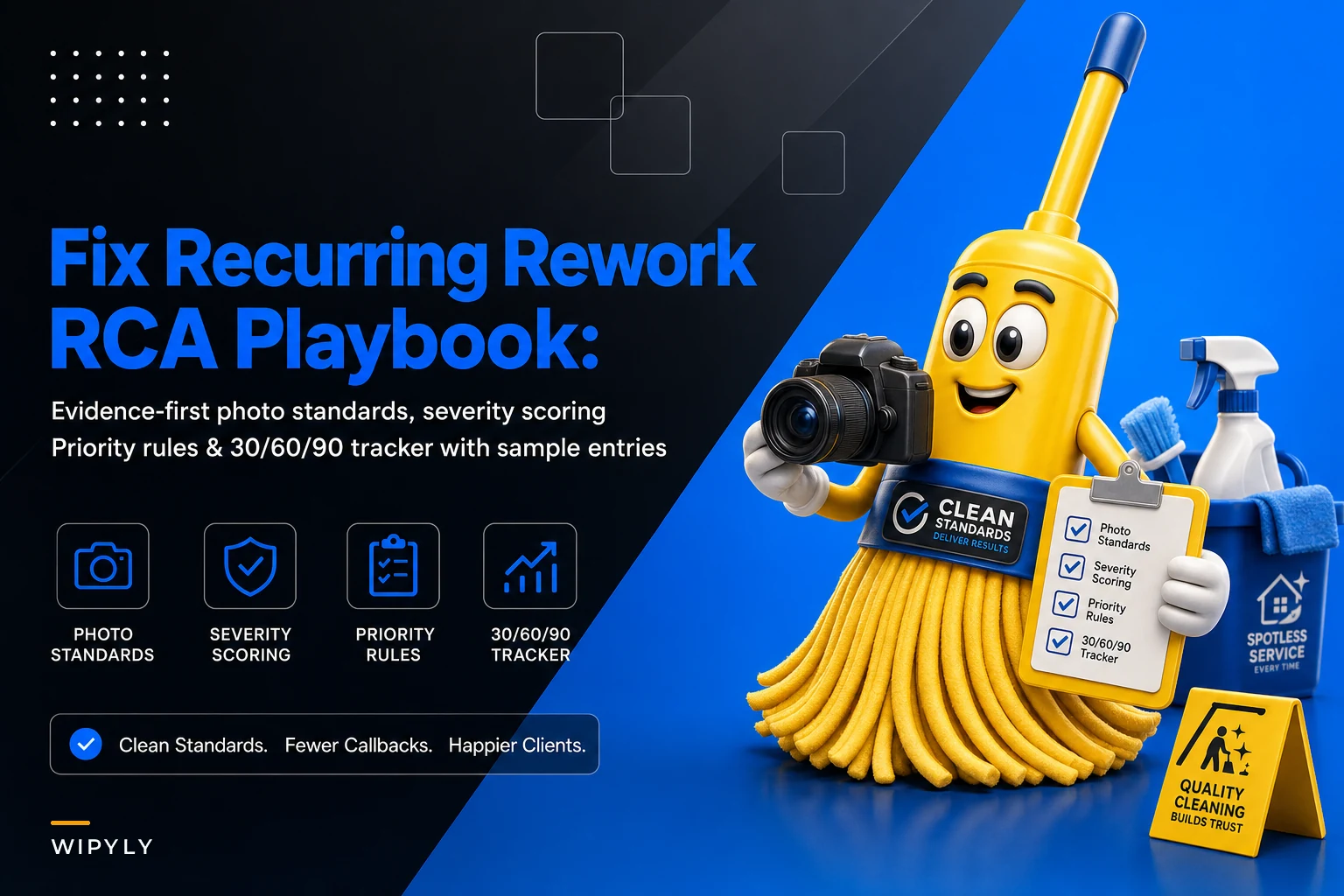 Fix recurring rework: an RCA playbook for cleaning teams with photo standards and a 30/60/90 tracker