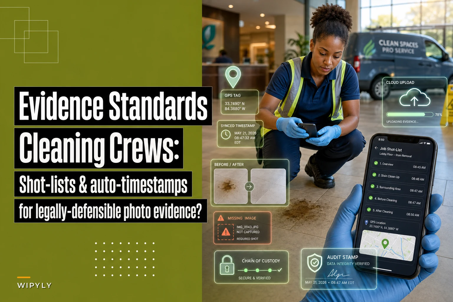 Mobile evidence standards for cleaning crews: shot-lists, auto-timestamps and chain-of-custody rules