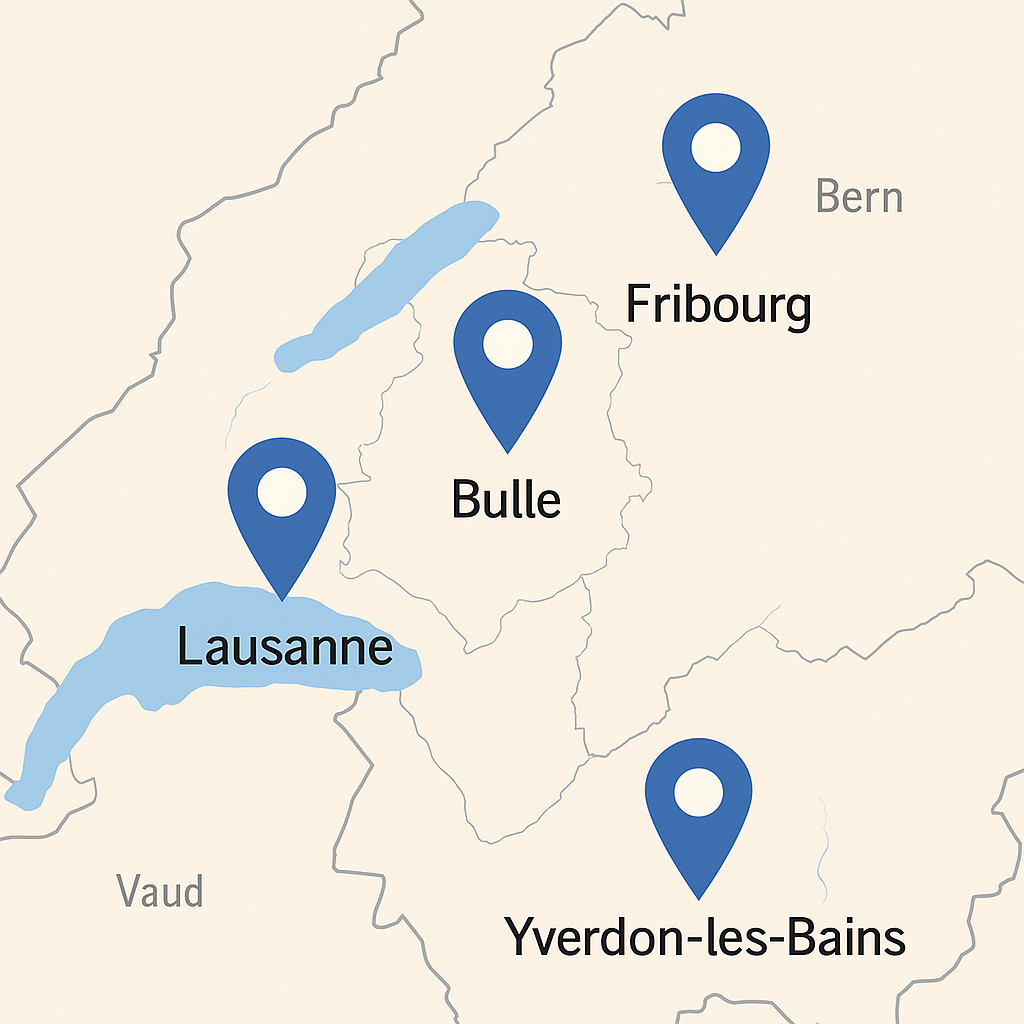 Image pour Nos zones de service : nous intervenons à Fribourg, Bulle, Lausanne, Berne, Neuchâtel, Yverdon… et alentours !