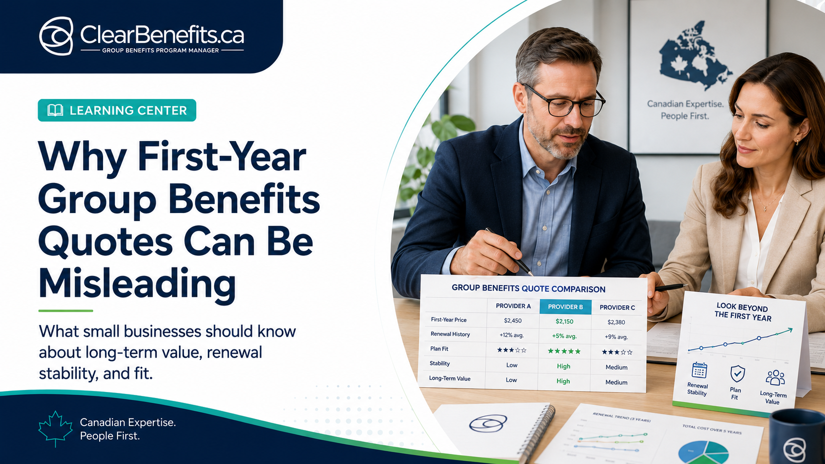 ClearBenefits.ca advisor comparing first-year group benefits quotes and long-term renewal value with a business owner.