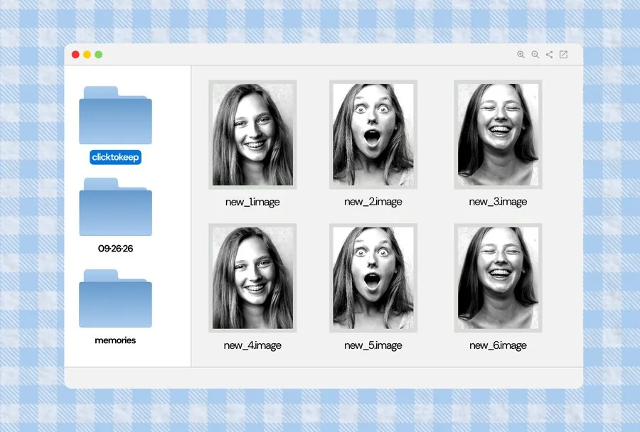 Colored 4R print styled as a computer photo folder with six photos