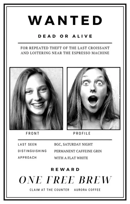 Receipt print styled as a wanted poster with front and profile photos