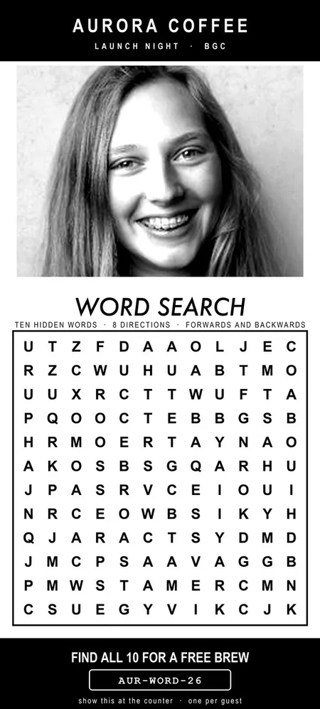 Receipt print with a photo above a coffee word search puzzle