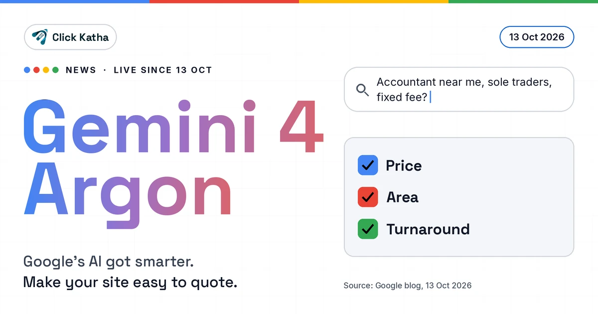Click Katha news graphic for Gemini 4 Argon, dated 13 Oct 2026: a search box asking for an accountant near me for sole traders on a fixed fee, with price, area and turnaround ticked