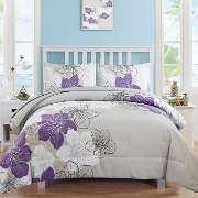 Purple Comforter Set Queen Size, Purple Floral Pattern Printed on Light Grey, Soft Microfiber 7 Pieces Bed in a Bag img