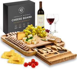 Cheese Board Gifts Set: Bamboo Large Charcuterie Boards, 4 Stainless Steel Cheese Knife & Serving Tray  img