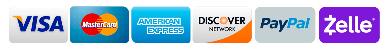 Visa, Mastercard, Amex, Discover, PayPal, Zelle
