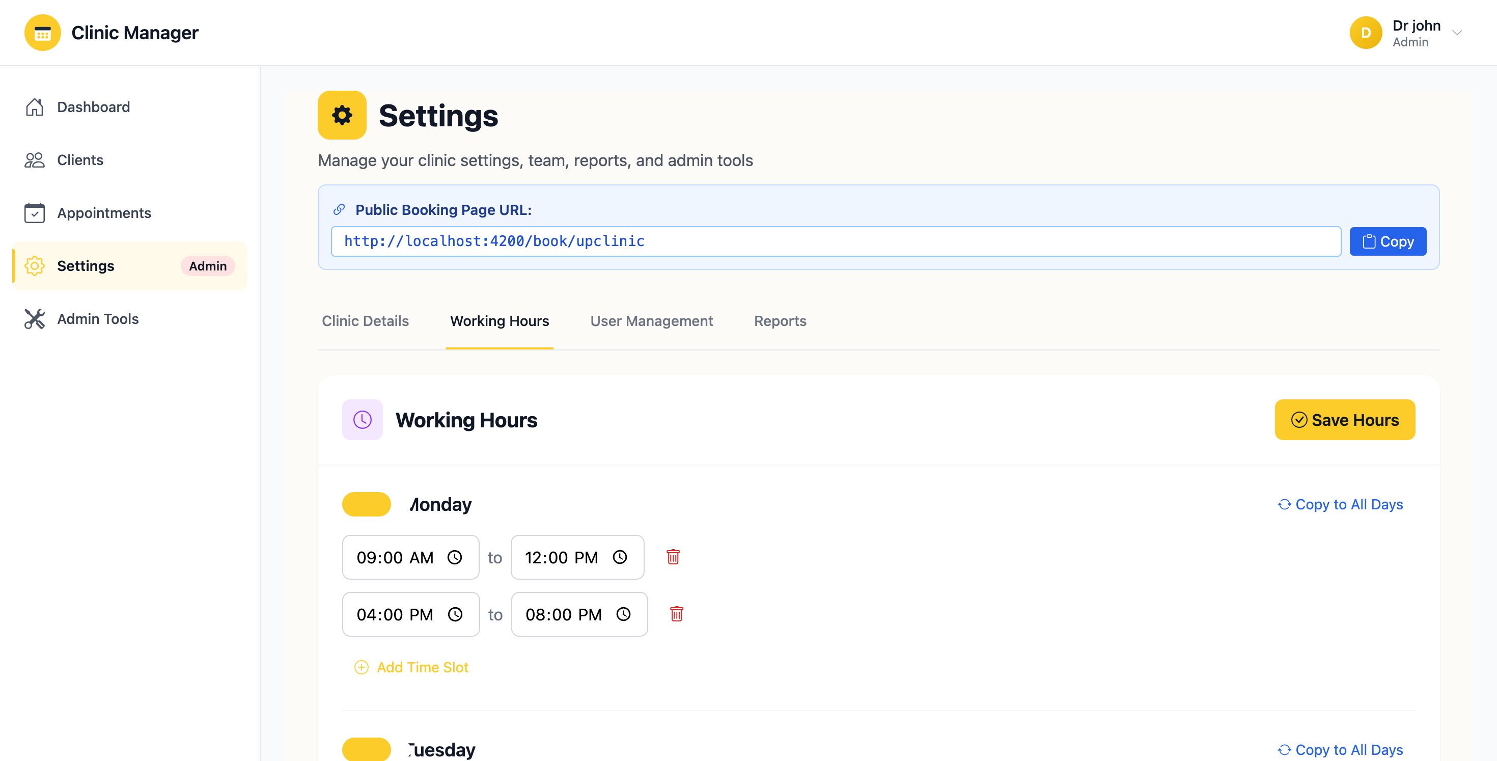 Working Hours Settings