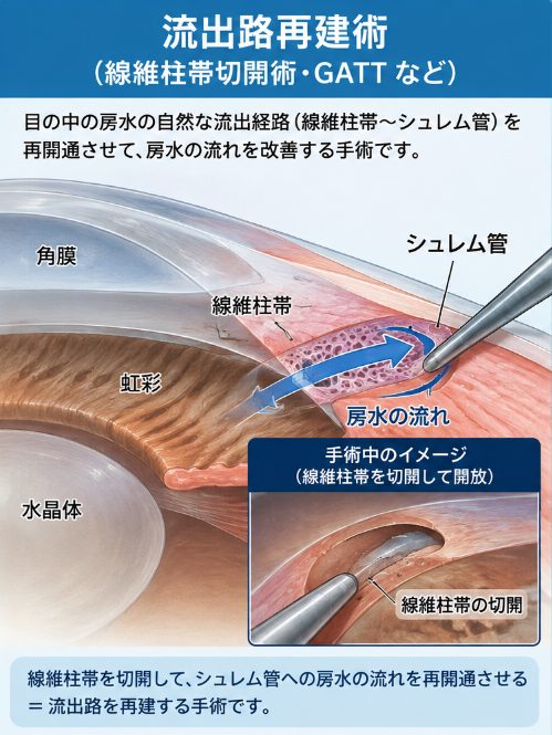 線維柱帯を切開して房水流出を改善する流出路再建術の模式図