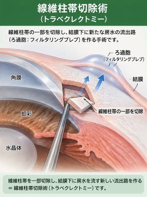 線維柱帯切除術で結膜下へ新しい房水流出路を作る模式図