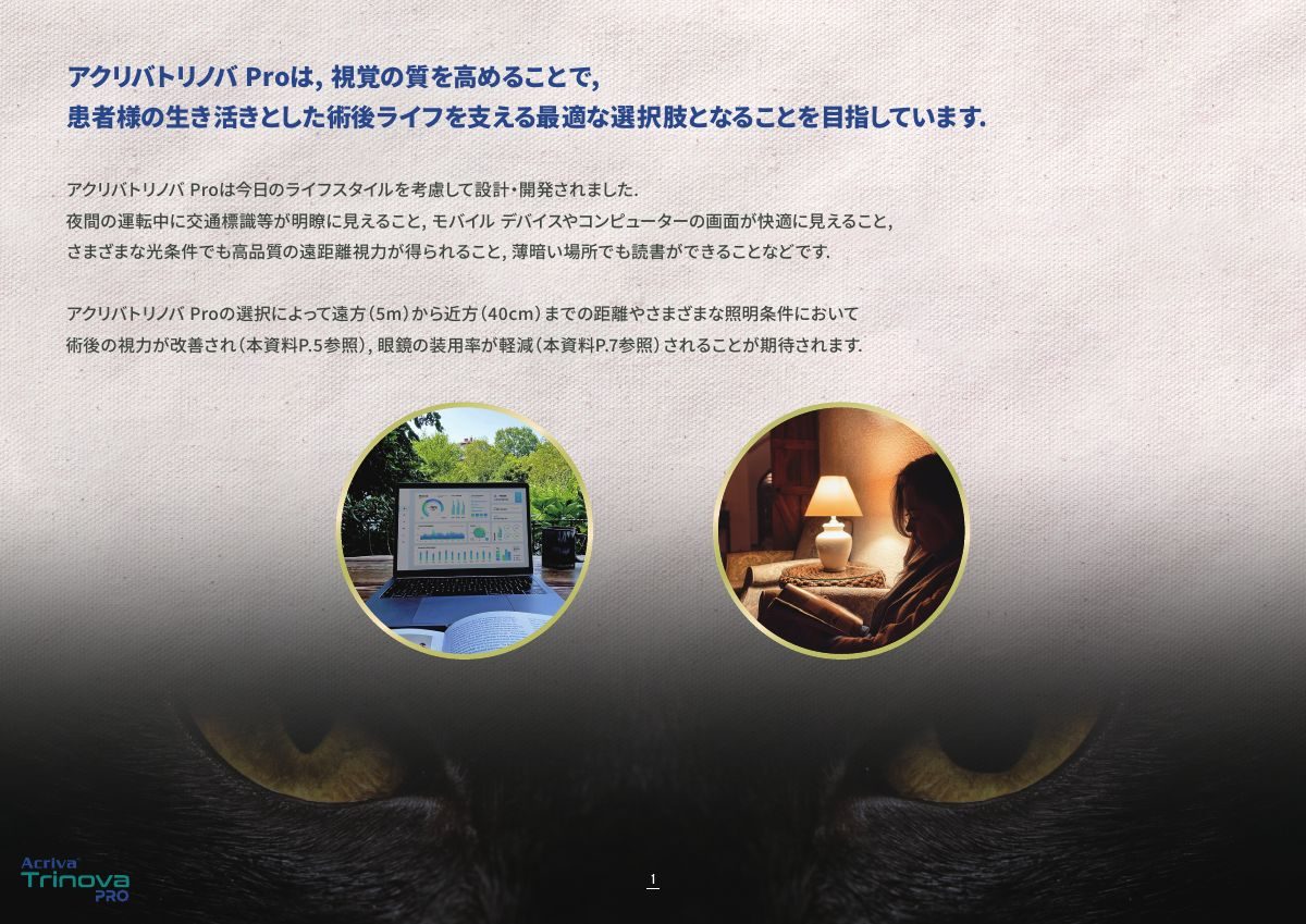 遠方、中間、近方の生活場面を示すAcriva Trinova Proの資料