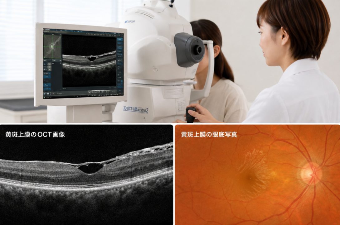 有田眼科でのOCT撮影風景と黄斑のOCT・眼底画像