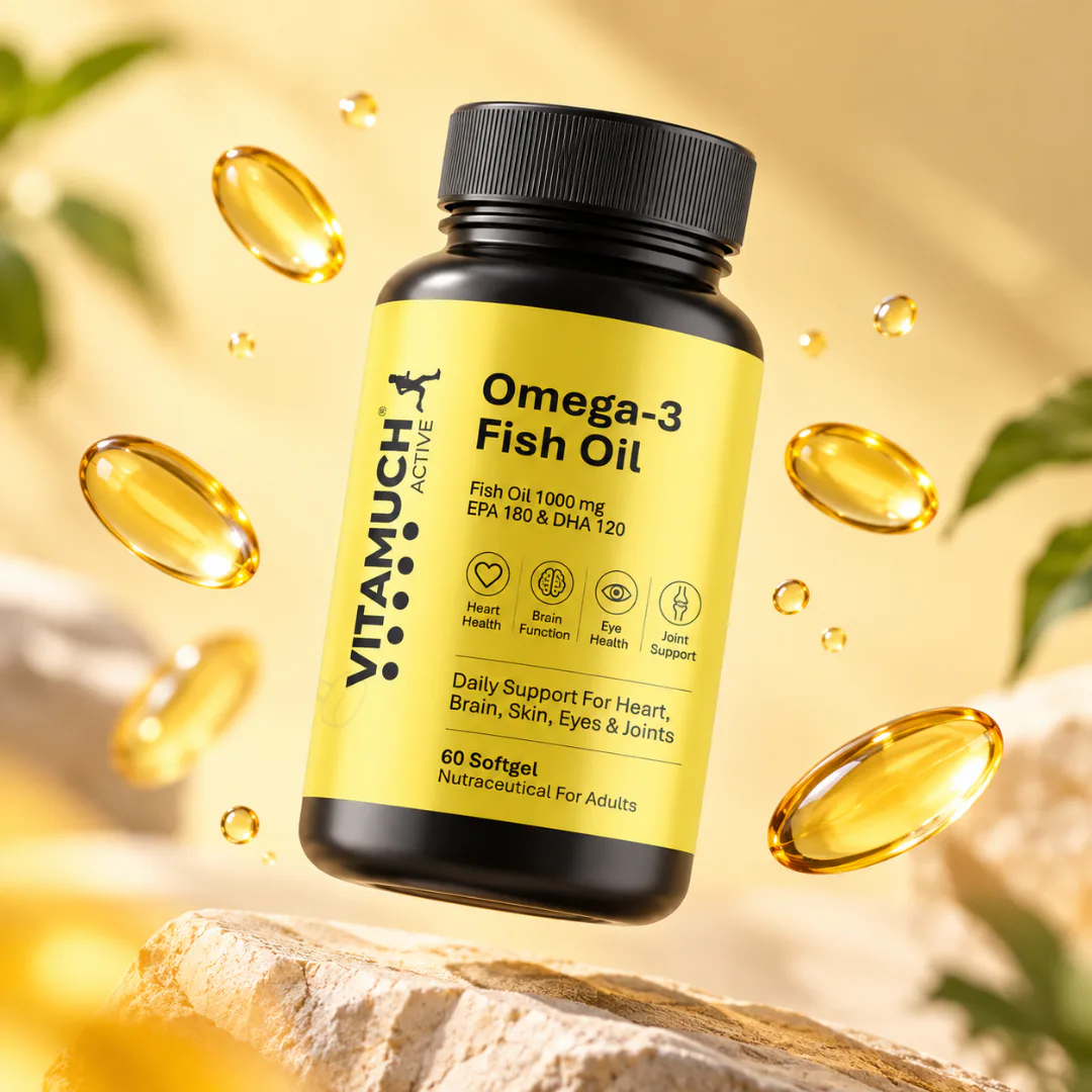 Vitamuch Fish Oil 1000mg Softgel Capsules | EPA 180mg DHA 120mg | Omega 3 for Heart, Brain, Eye & Joint Health Supplement, 60 Softgels