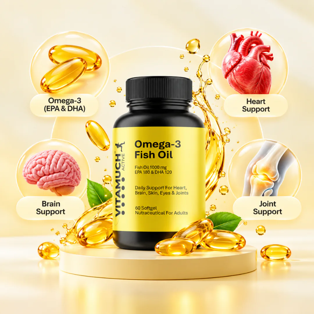 Vitamuch Fish Oil 1000mg Softgel Capsules | EPA 180mg DHA 120mg | Omega 3 for Heart, Brain, Eye & Joint Health Supplement, 60 Softgels