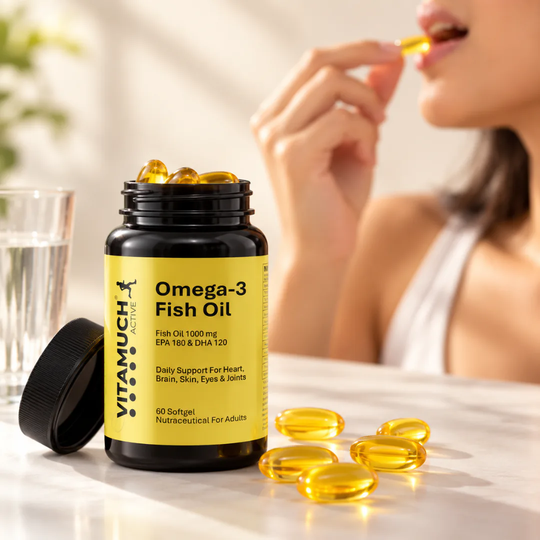 Vitamuch Fish Oil 1000mg Softgel Capsules | EPA 180mg DHA 120mg | Omega 3 for Heart, Brain, Eye & Joint Health Supplement, 60 Softgels