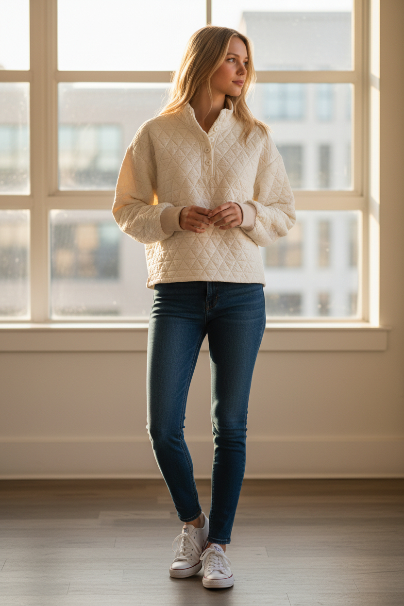 Sanctuary - Quilted Button Popover Sweatshirt - Image 1