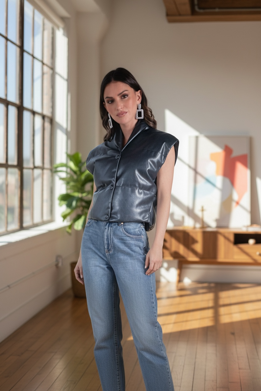 Elan Leather Puffer Vest - Image 1