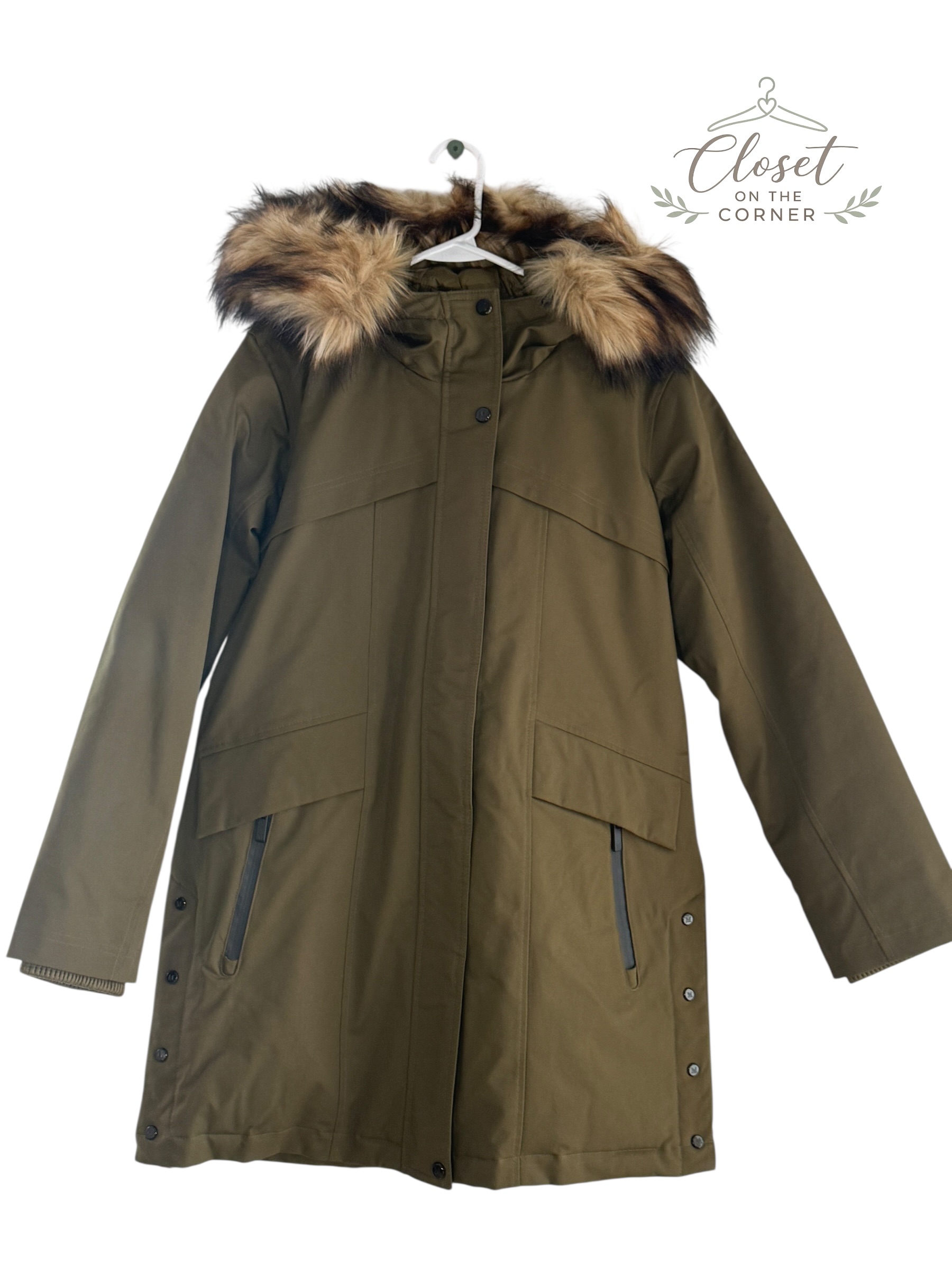 Martha Stewart Fur Trim Hooded Parka Jacket True Olive thumbnail 3