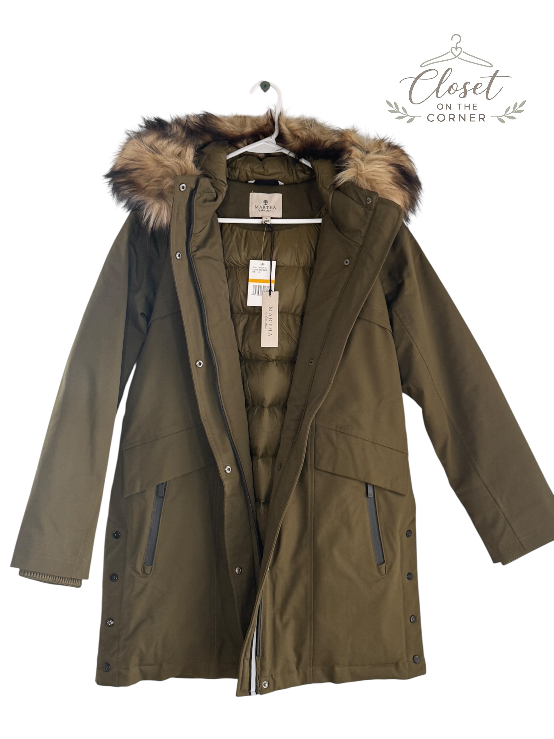 Martha Stewart Fur Trim Hooded Parka Jacket True Olive thumbnail 4