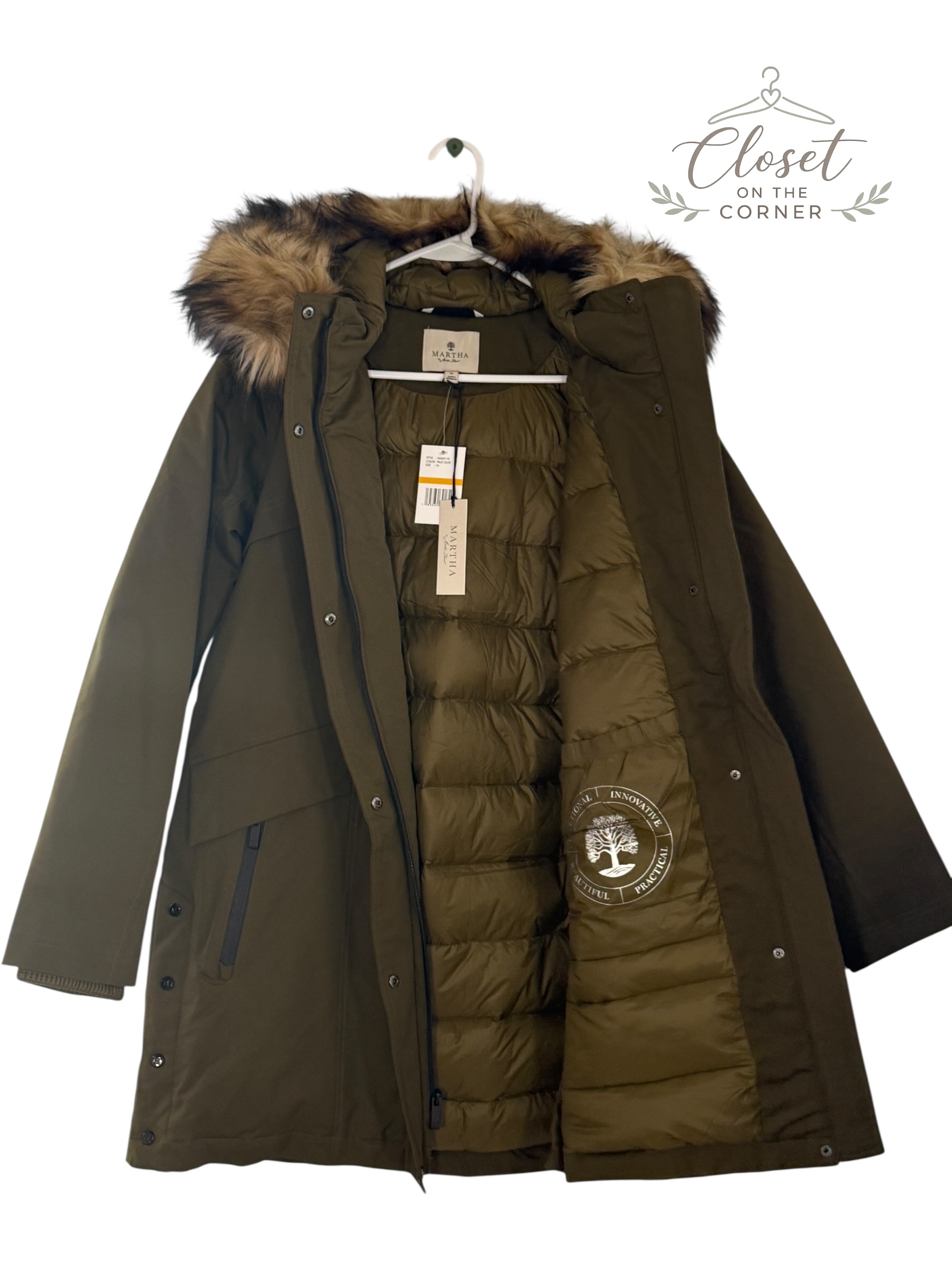 Martha Stewart Fur Trim Hooded Parka Jacket True Olive thumbnail 5