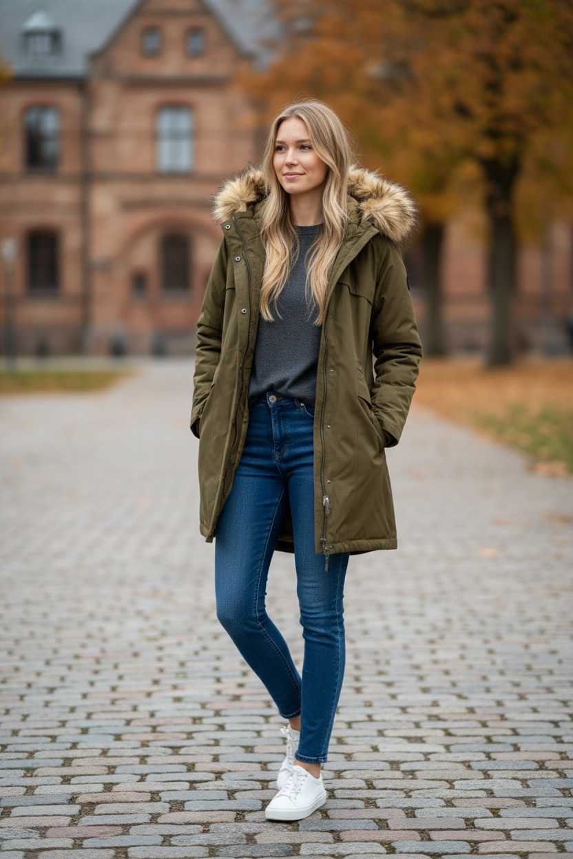 Martha Stewart Fur Trim Hooded Parka Jacket True Olive - Image 1