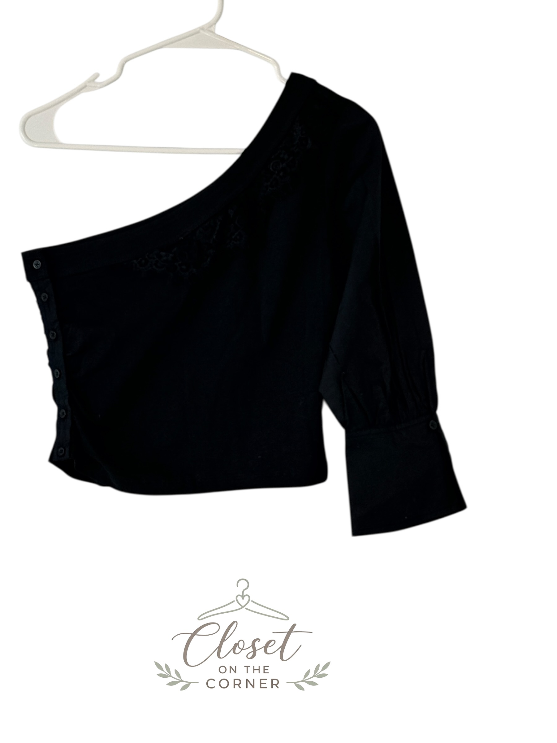 Anthropologie - Off the Shoulder Top with Lace Trim and Button Cuffs thumbnail 3