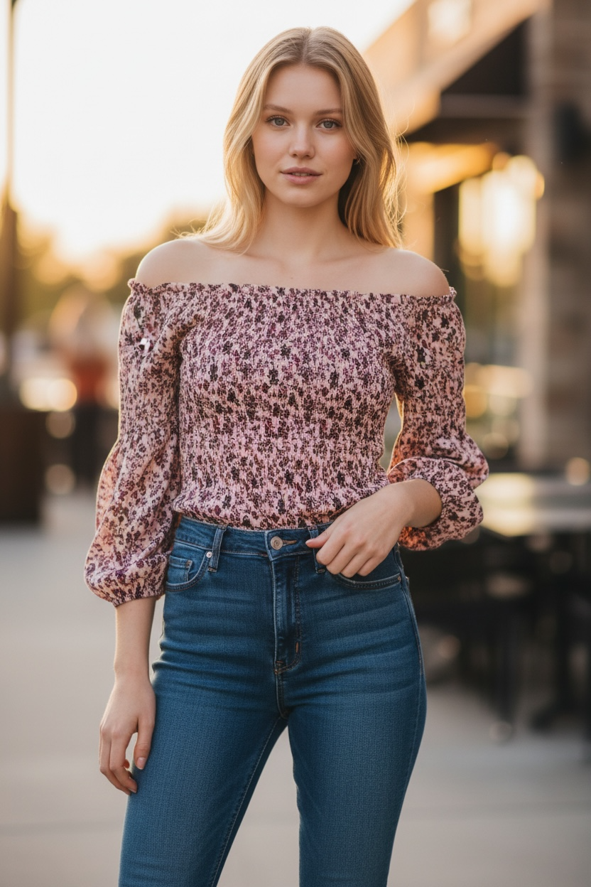 Free People Night Owl - Floral Print Smocked Off-Shoulder Bodysuit - Image 1