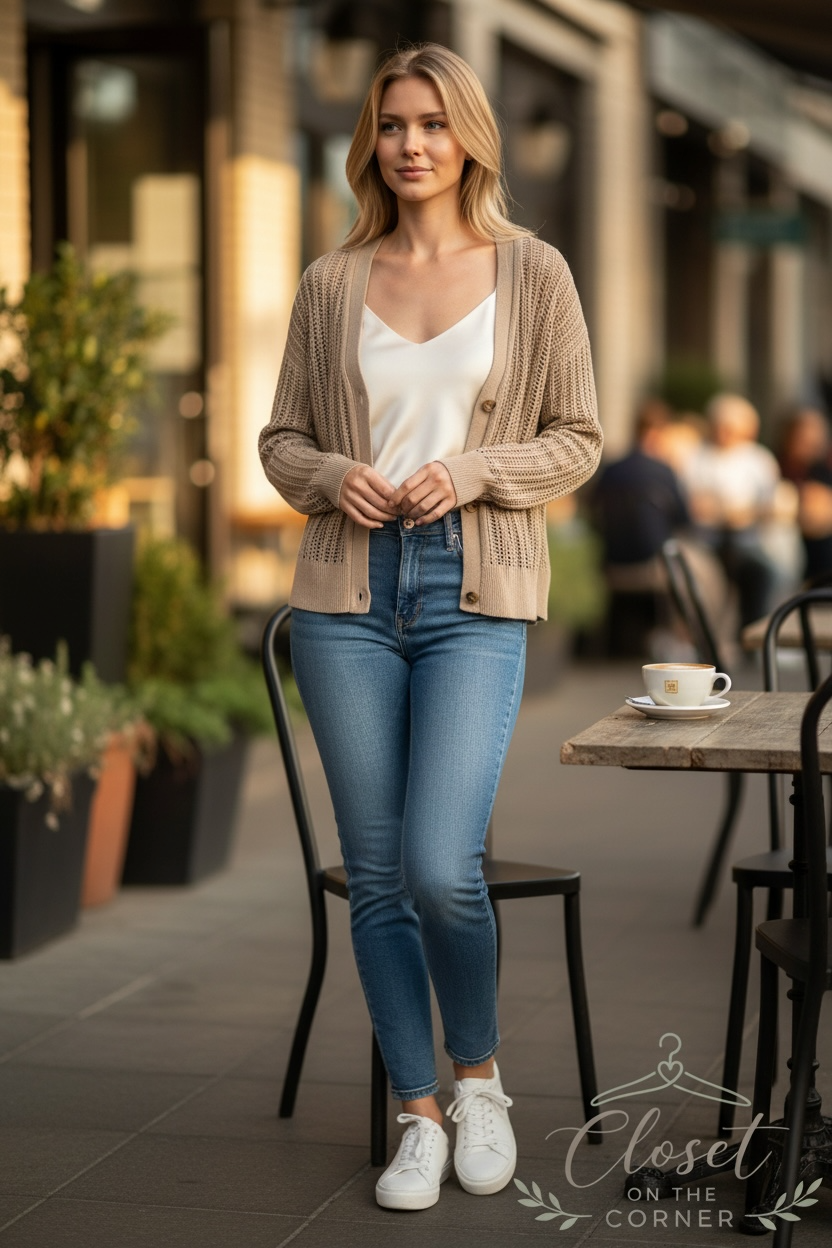 Elan V Neck Button Open Weave Cardigan Sweater - Image 1