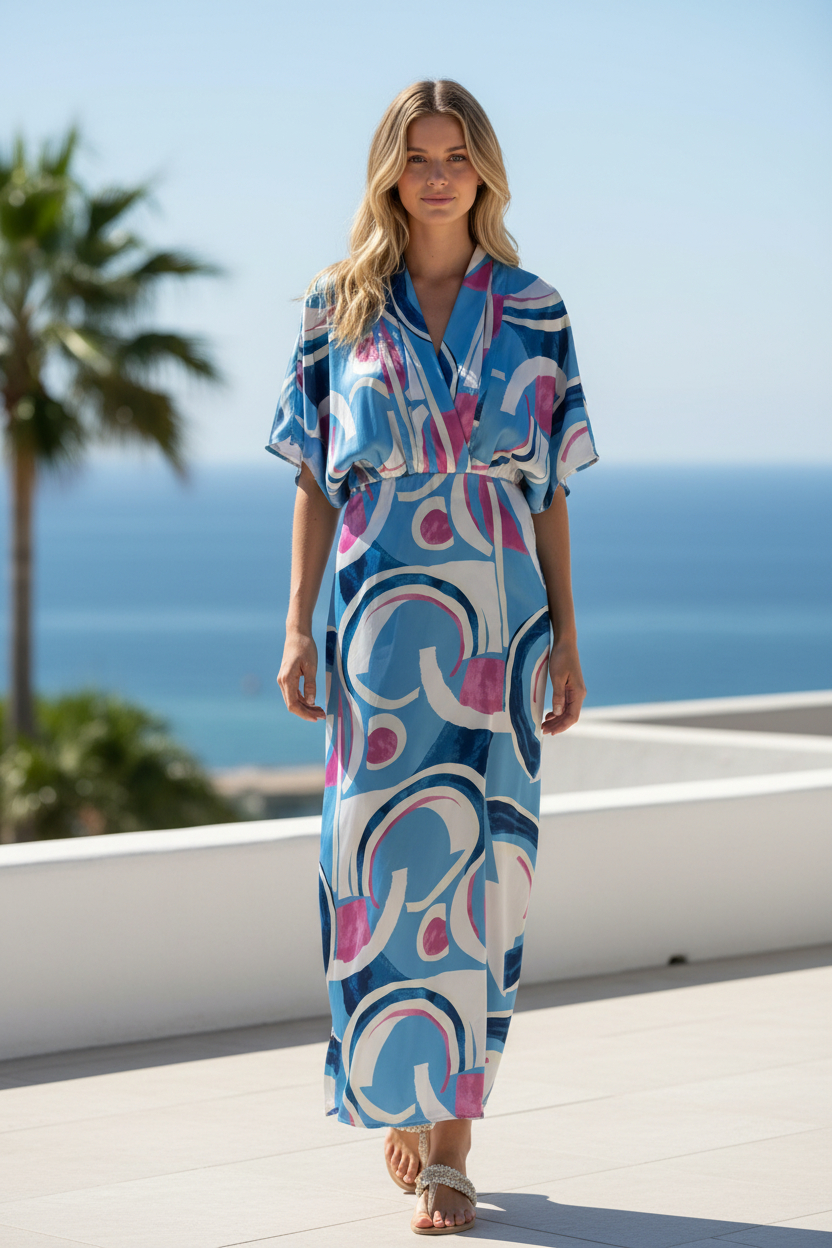 Umgee Satin Abstract Print Overlap Maxi Dress - Image 1