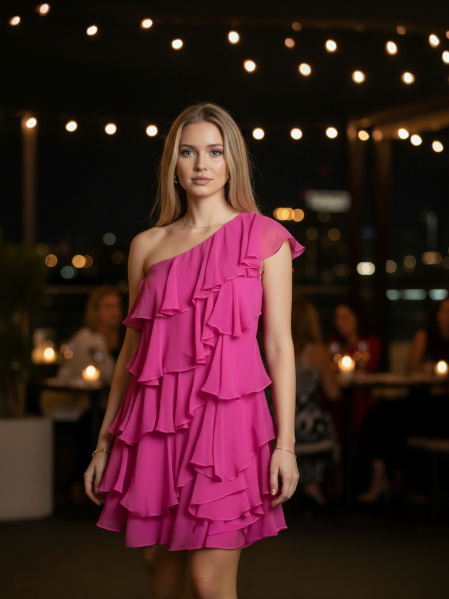 Halston Heritage One-Shoulder Silk Ruffle Dress - Image 1