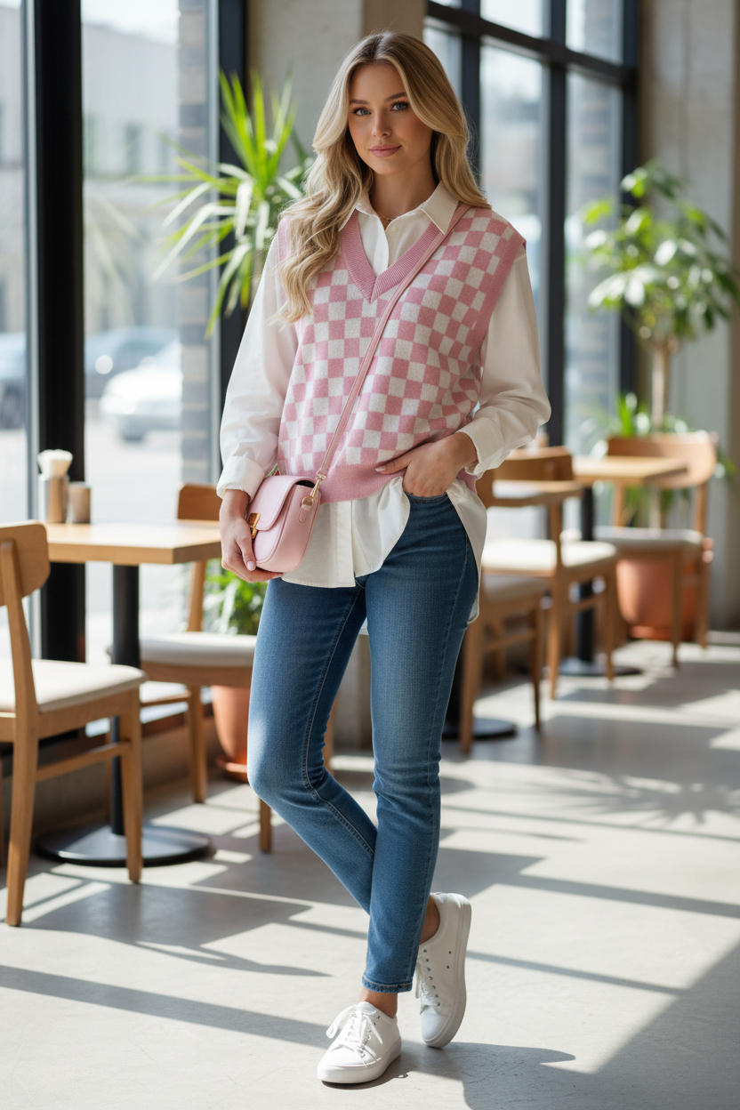 Checkerboard Sleeveless Knit Sweater Vest - Image 1