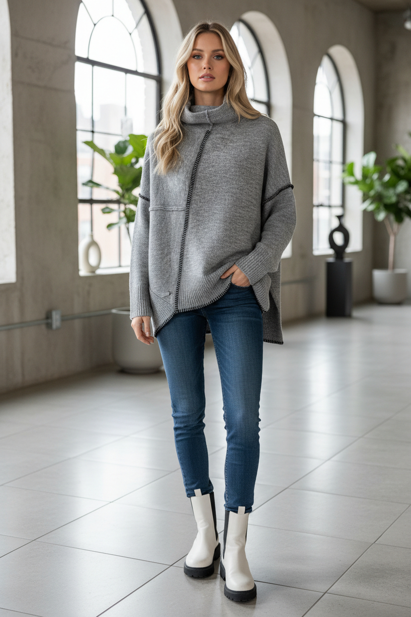 Elan Asymmetric Turtleneck Vanilla Sweater - Image 1