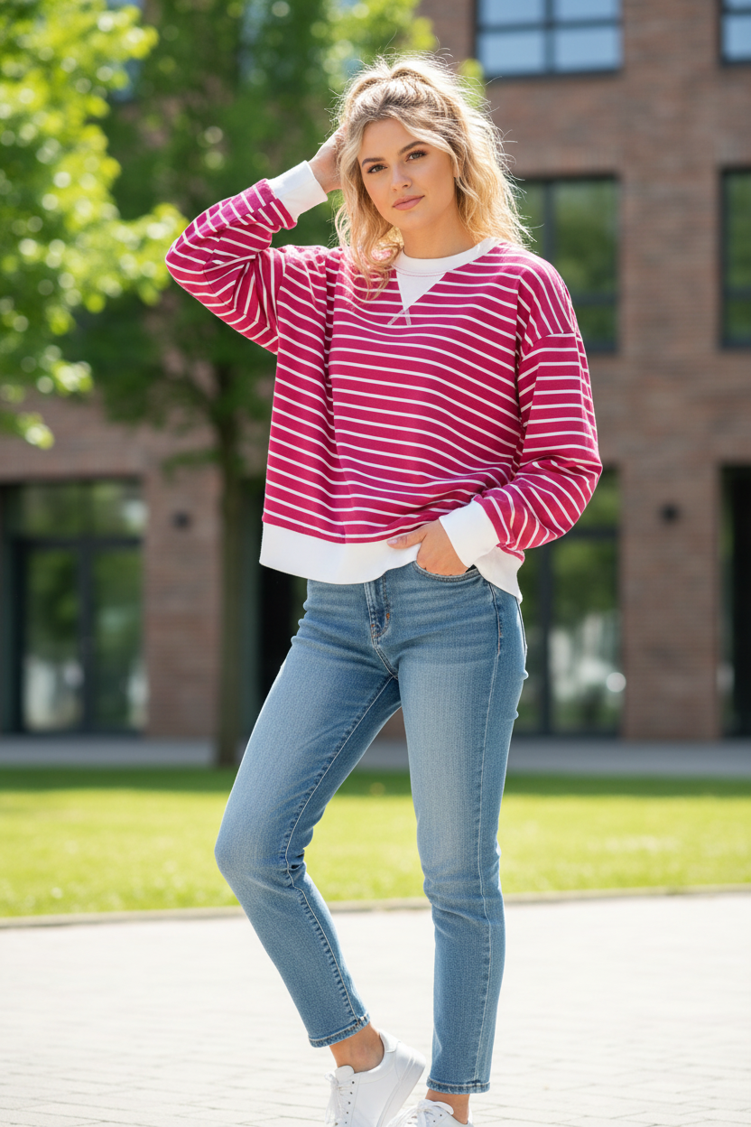 Zenana Contrast Striped Round Neck Sweatshirt - Image 1
