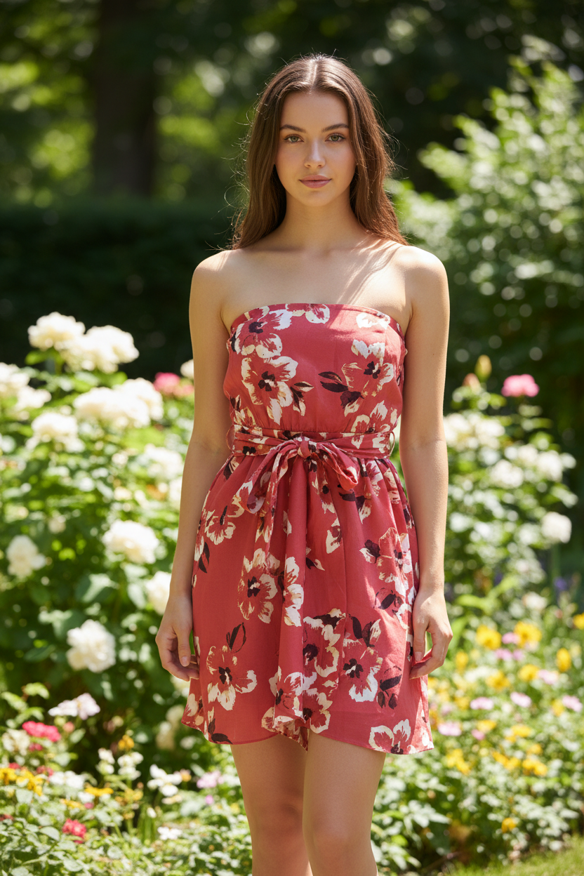 Express - Hibiscus Floral Prints Strapless Mini Dress - Image 1