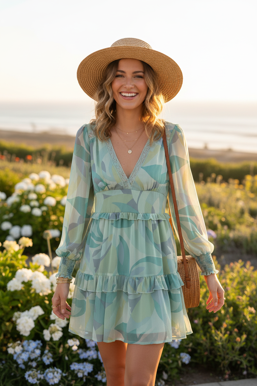 Sky to Moon Leaf Layered Mini Dress in Blue. - Image 1