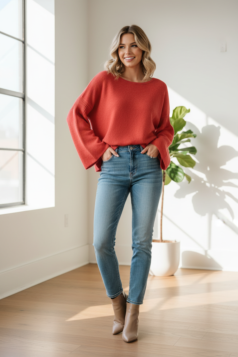 Lou & Grey Red Bell Sleeve Knit Sweater - Image 1