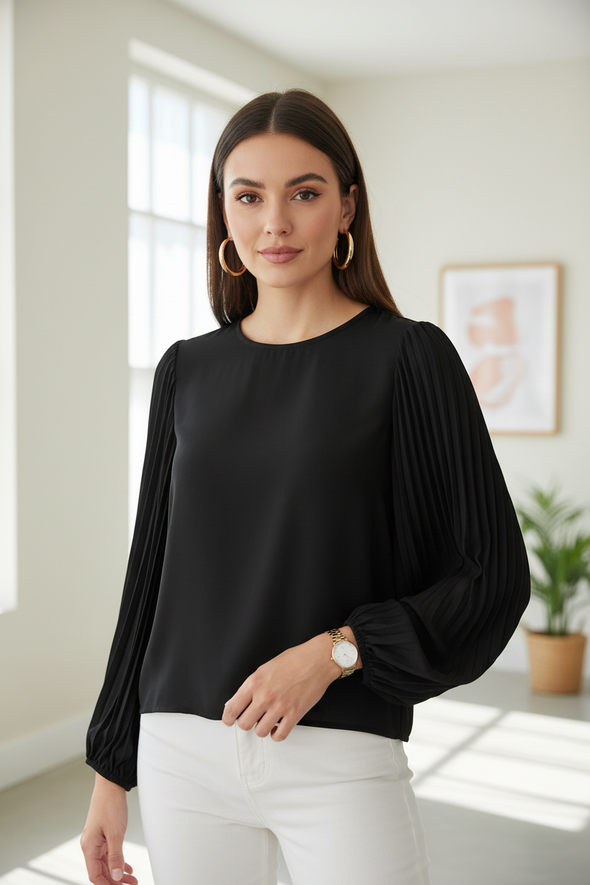 Express Black Pleated Bell Sleeve Blouse - Image 1